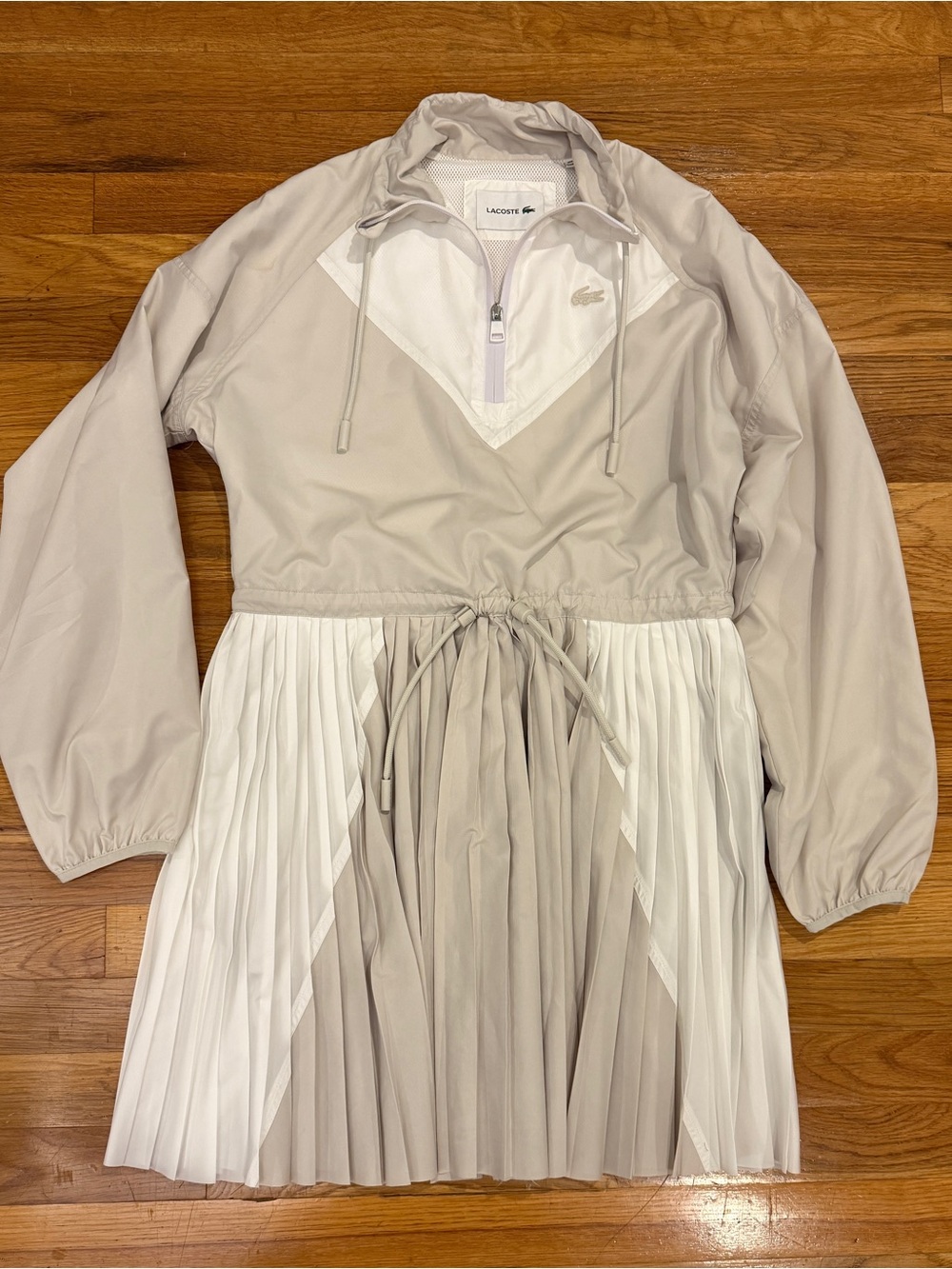 Lacoste grey and White Pleated Drawstring Waist Mini Dress